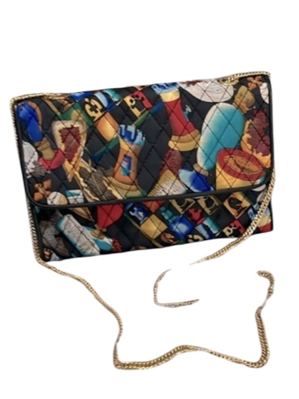 Vintage Nicole Miller Quilted Printed Satin Absolut Clutch Chain Crossbody Bag